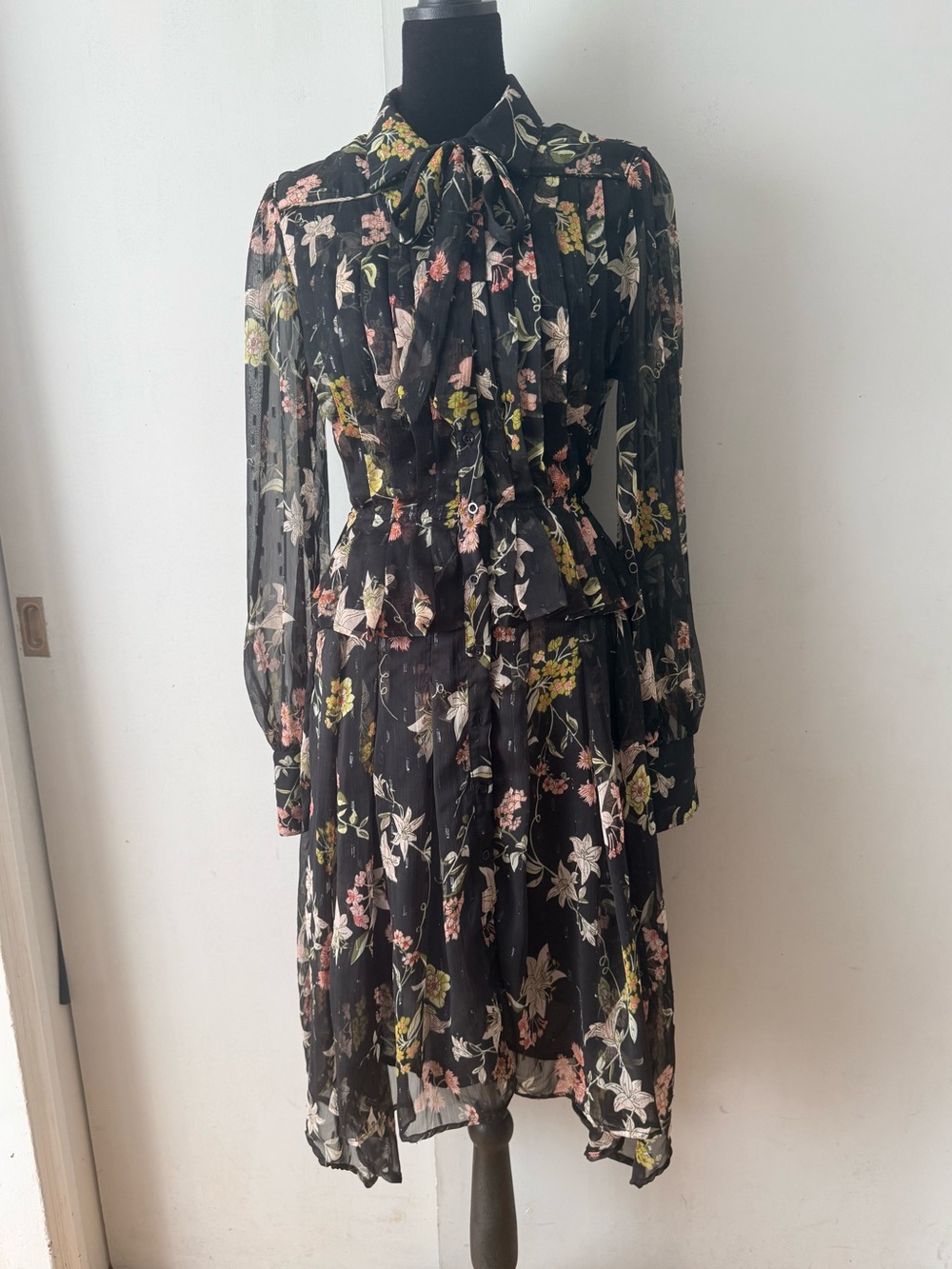 Walter Baker Black Floral midi dress with pleated top and asymmetrical hem